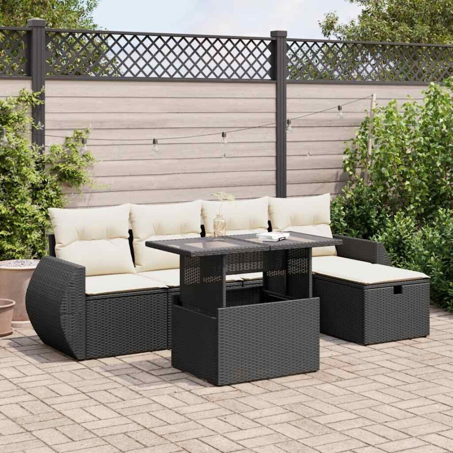 vidaXL 6-delige Loungeset met kussens poly rattan zwart afbeelding 1