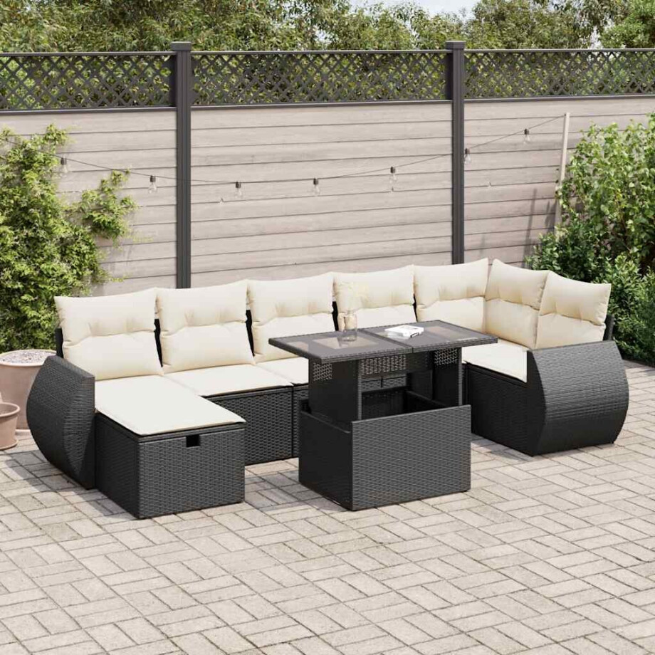 vidaXL 8-delige Loungeset met kussens poly rattan zwart afbeelding 1