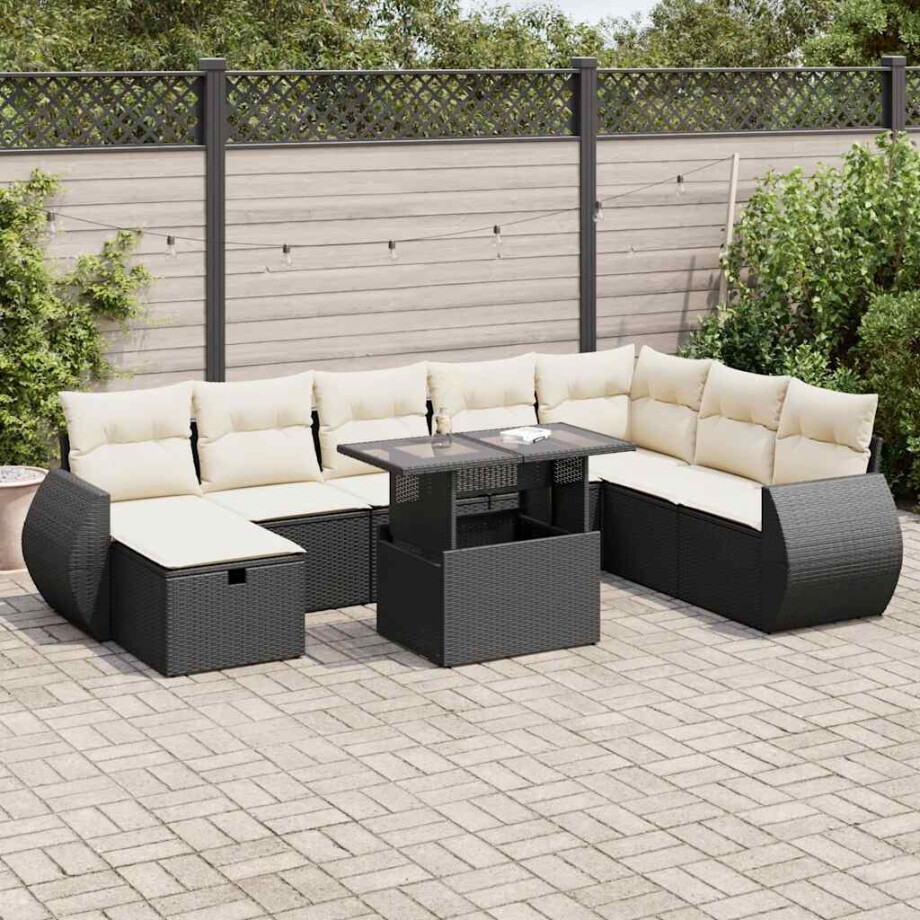 vidaXL 9-delige Loungeset met kussens poly rattan zwart afbeelding 1