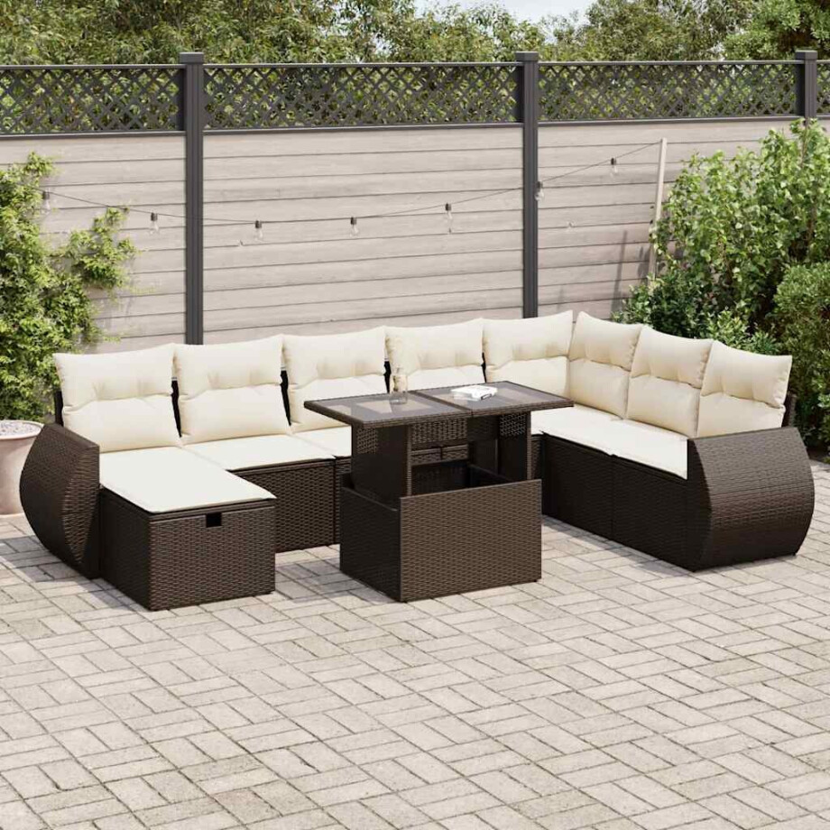 vidaXL 9-delige Loungeset met kussens poly rattan bruin afbeelding 1