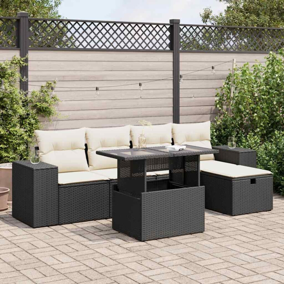 vidaXL 6-delige Loungeset met kussens poly rattan zwart afbeelding 1