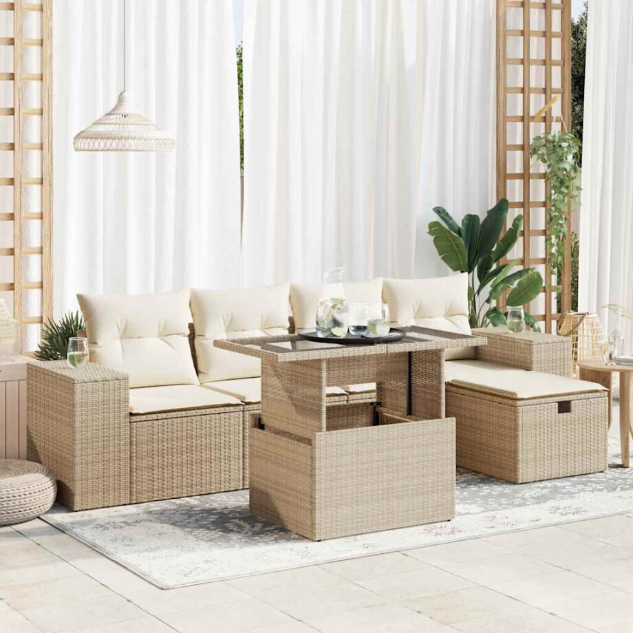 vidaXL 6-delige Loungeset met kussens poly rattan beige afbeelding 1