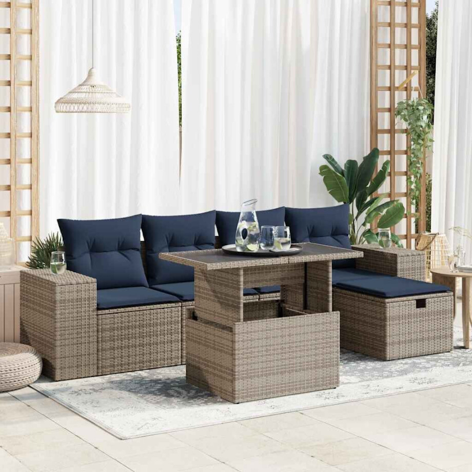 vidaXL 6-delige Loungeset met kussens poly rattan acacia bruin vidaXL 6-delige Loungeset met kussens poly rattan acacia bruin afbeelding 1