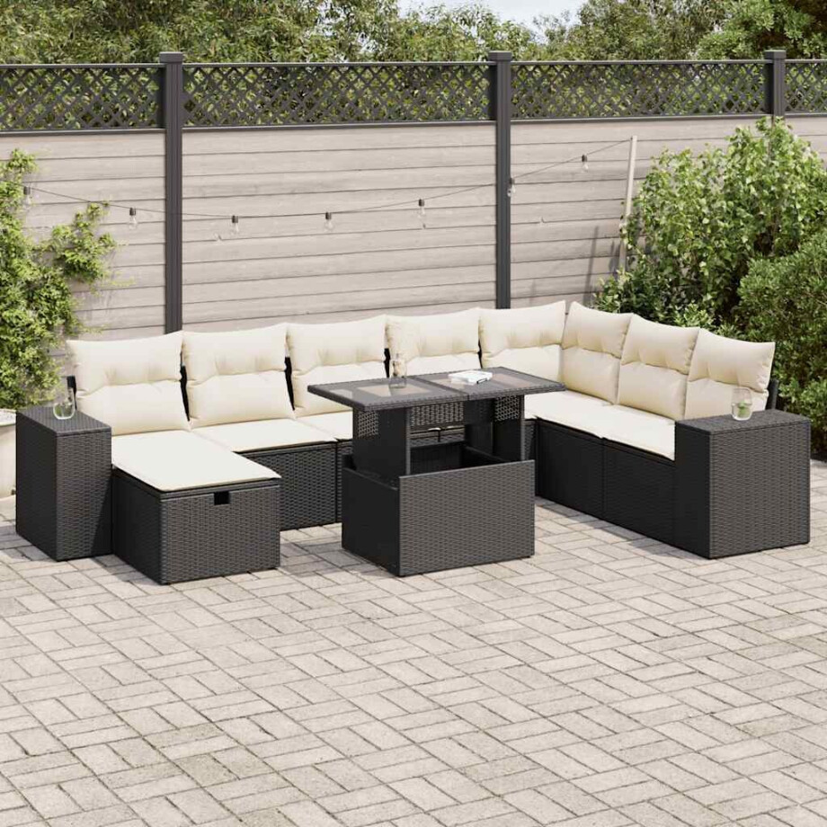 vidaXL 9-delige Loungeset met kussens poly rattan zwart afbeelding 1