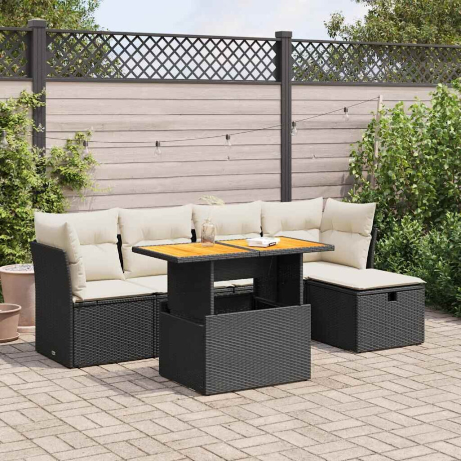 vidaXL 6-delige Loungeset met kussens poly rattan acacia zwart afbeelding 1