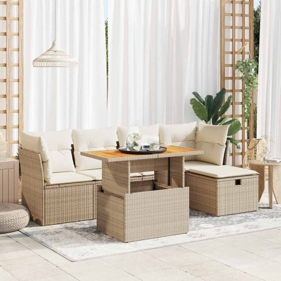 vidaXL 6-delige Loungeset met kussens poly rattan acacia beige afbeelding 1