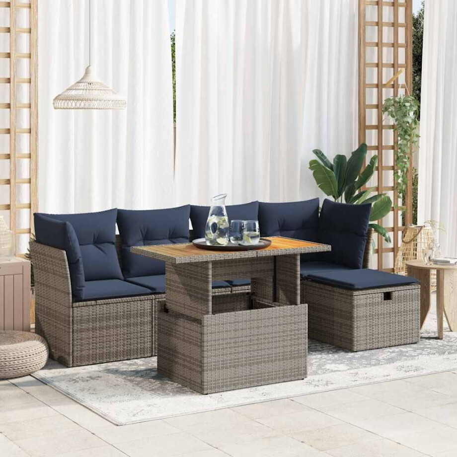 vidaXL 6-delige Loungeset met kussens poly rattan acacia grijs vidaXL 6-delige Loungeset met kussens poly rattan acacia grijs afbeelding 1