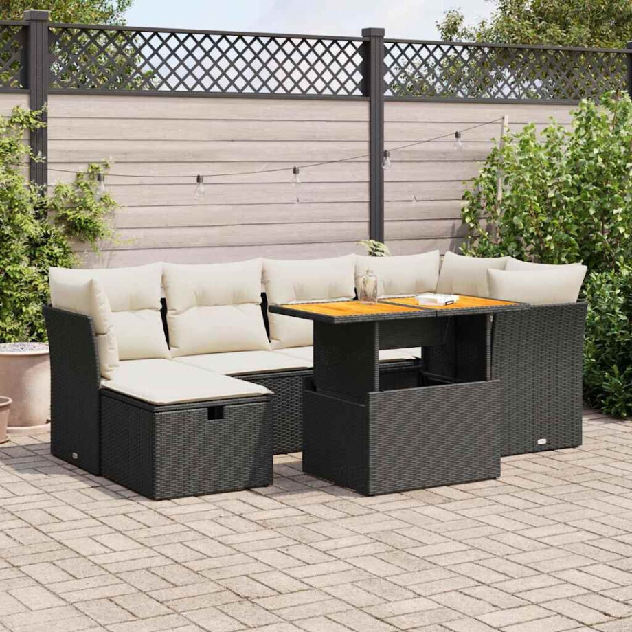 vidaXL 7-delige Loungeset met kussens poly rattan acacia zwart afbeelding 1