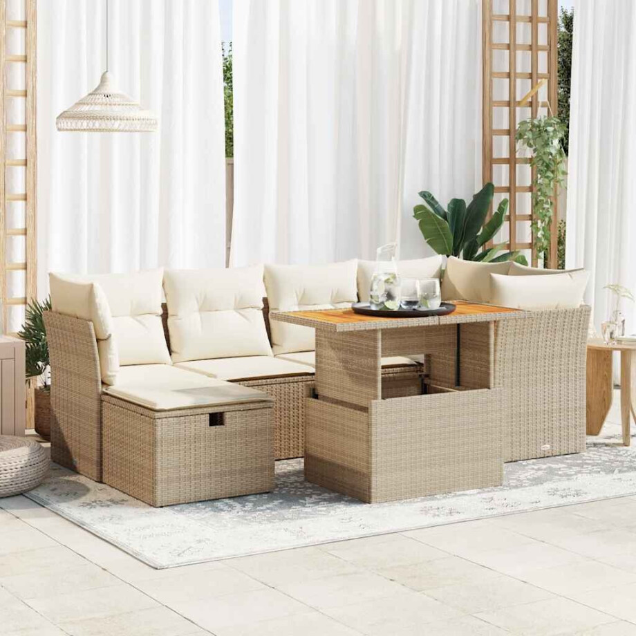 vidaXL 7-delige Loungeset met kussens poly rattan acacia beige afbeelding 1