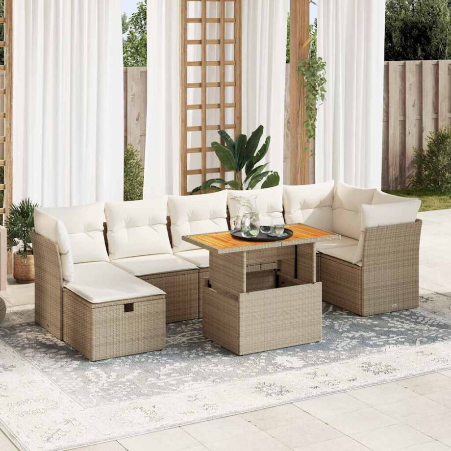 vidaXL 8-delige Loungeset met kussens poly rattan acacia beige afbeelding 1