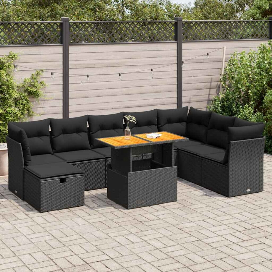 vidaXL 9-delige Loungeset met kussens poly rattan acacia zwart afbeelding 1