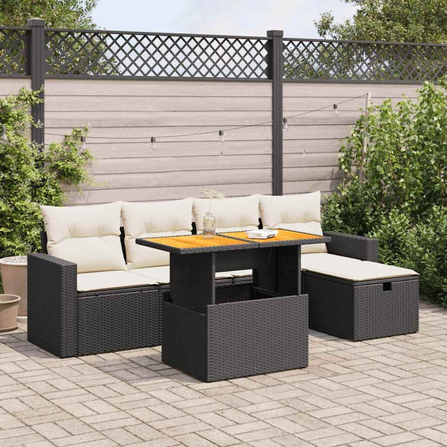 vidaXL 6-delige Loungeset met kussens poly rattan acacia zwart afbeelding 1