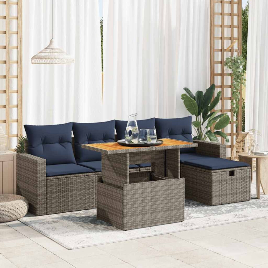 vidaXL 6-delige Loungeset met kussens poly rattan acacia grijs afbeelding 1