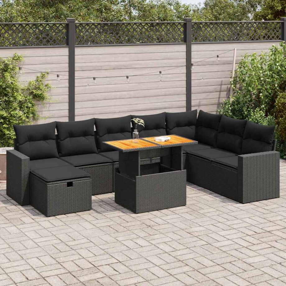 vidaXL 9-delige Loungeset met kussens poly rattan acacia zwart afbeelding 1
