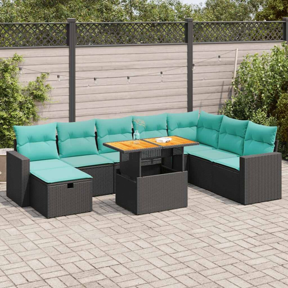 vidaXL 9-delige Loungeset met kussens poly rattan acacia zwart afbeelding 1