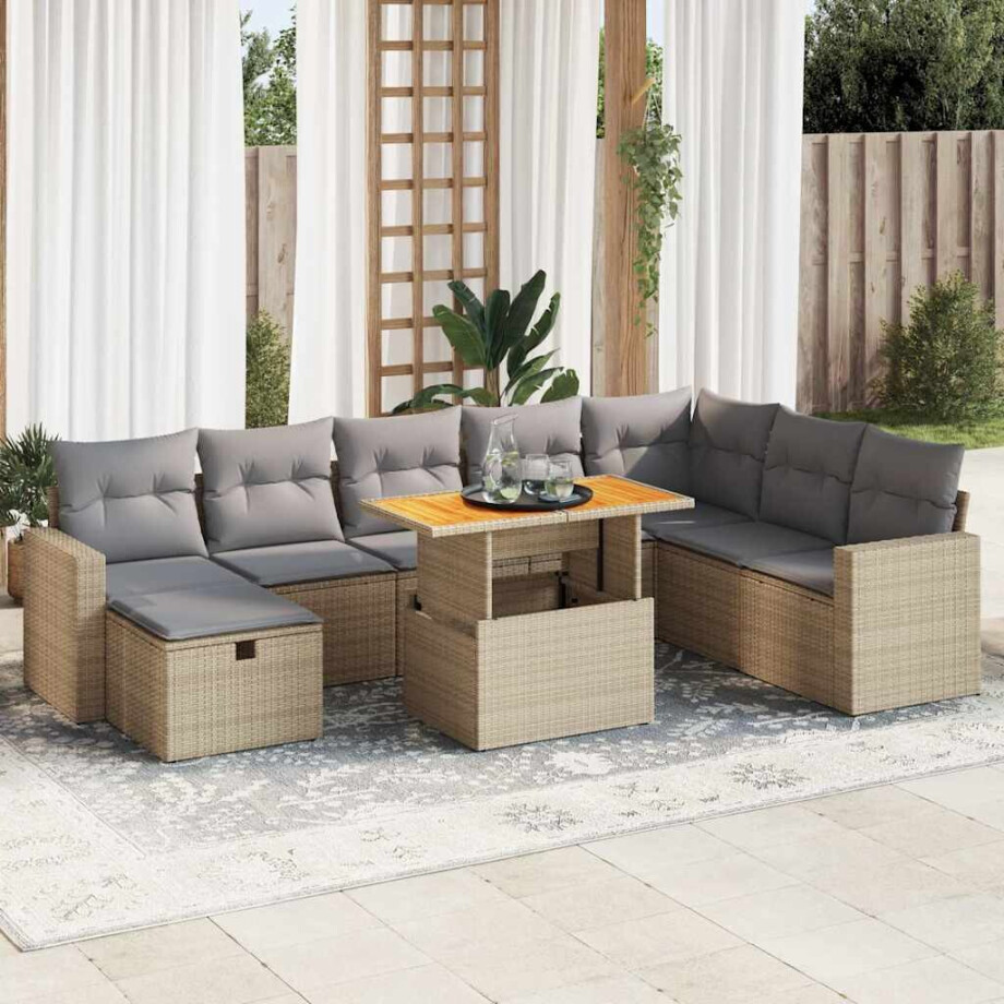 vidaXL 9-delige Loungeset met kussens poly rattan acacia beige afbeelding 1