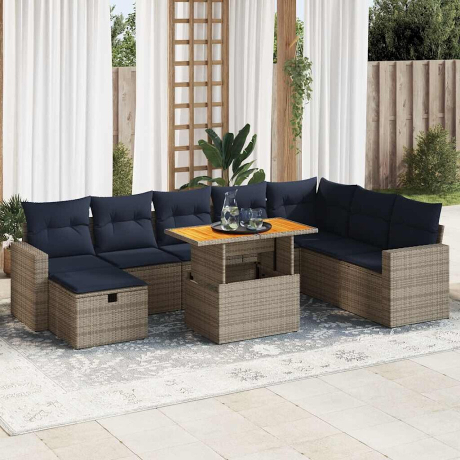 vidaXL 9-delige Loungeset met kussens poly rattan acacia grijs afbeelding 1