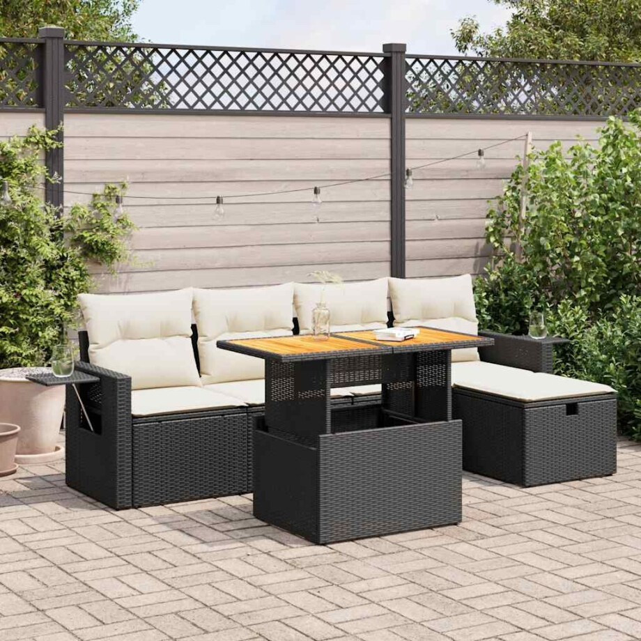 vidaXL 6-delige Loungeset met kussens poly rattan acacia zwart afbeelding 1
