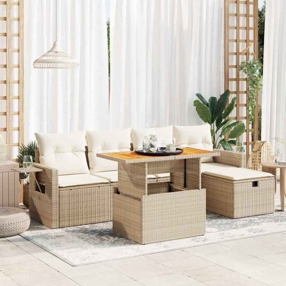 vidaXL 6-delige Loungeset met kussens poly rattan acacia beige afbeelding 1