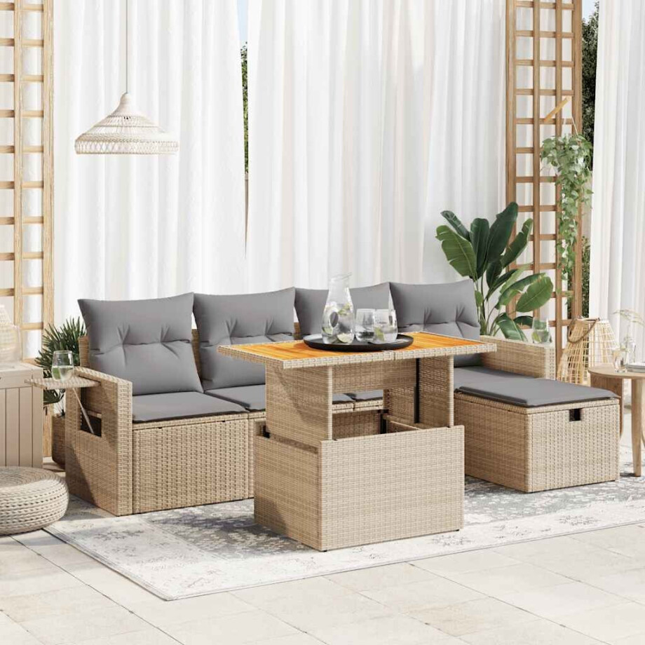 vidaXL 6-delige Loungeset met kussens poly rattan acacia beige afbeelding 1