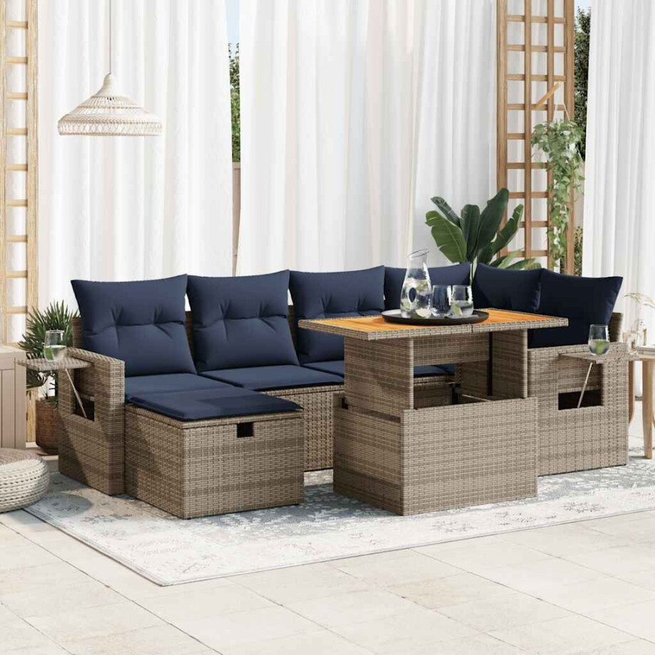 vidaXL 7-delige Loungeset met kussens poly rattan acacia zwart afbeelding 1