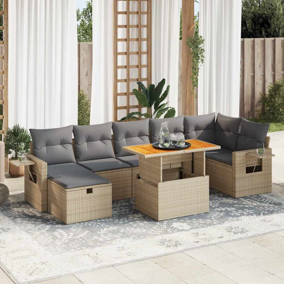 vidaXL 5-delige Loungeset met kussens poly rattan en acaciahout beige afbeelding 1