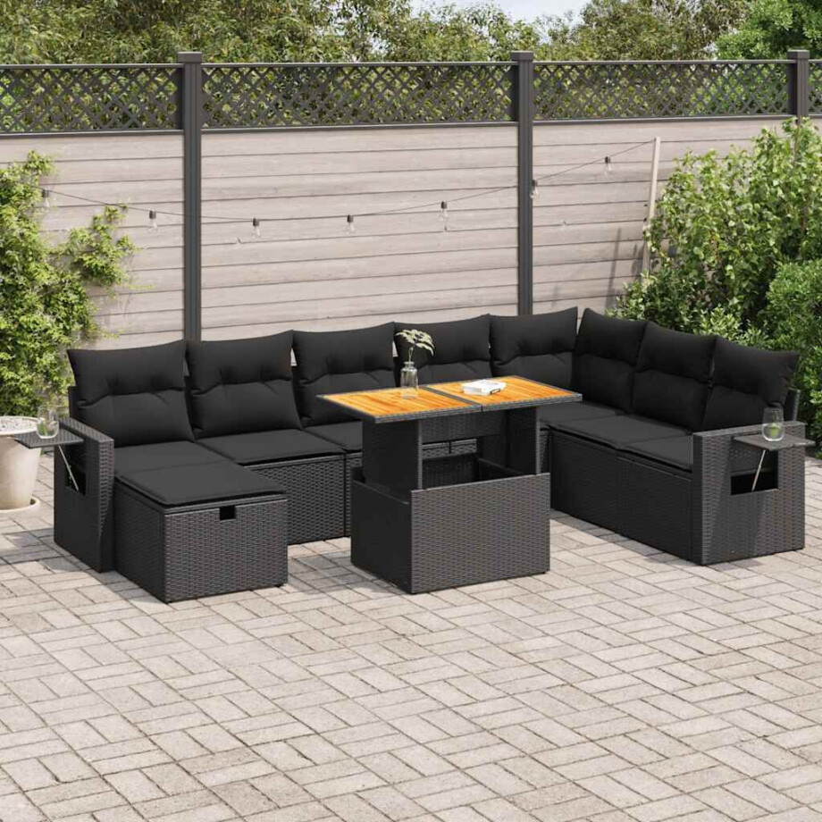 vidaXL 9-delige Loungeset met kussens poly rattan acacia zwart afbeelding 1