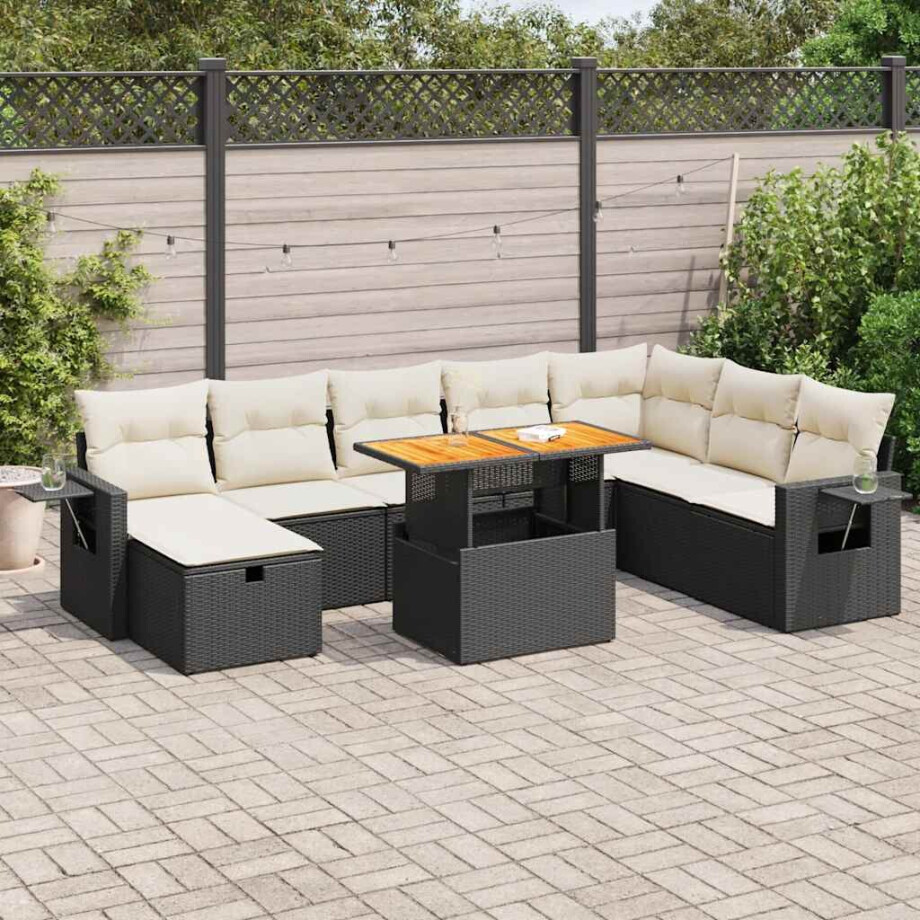 vidaXL 9-delige Loungeset met kussens poly rattan acacia zwart afbeelding 1