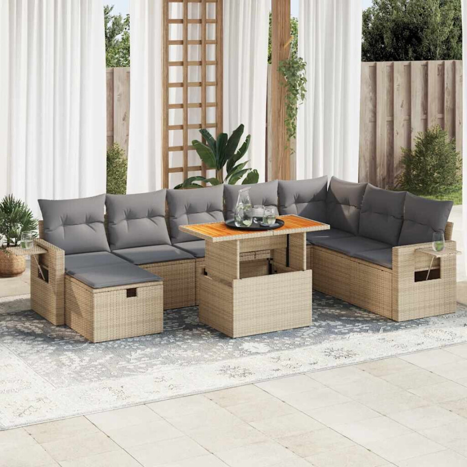 vidaXL 9-delige Loungeset met kussens poly rattan acacia beige afbeelding 1