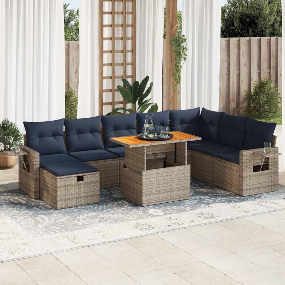 vidaXL 9-delige Loungeset met kussens poly rattan acacia grijs afbeelding 1