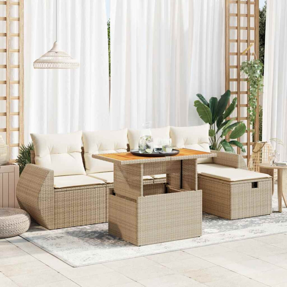 vidaXL 6-delige Loungeset met kussens poly rattan acacia beige afbeelding 1