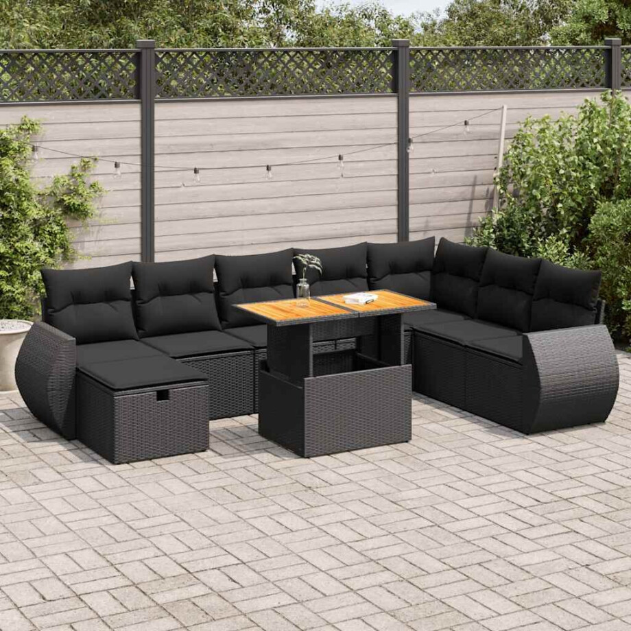 vidaXL 9-delige Loungeset met kussens poly rattan acacia zwart afbeelding 1