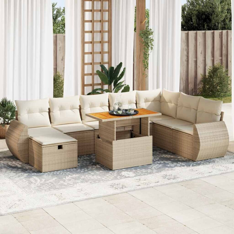 vidaXL 9-delige Loungeset met kussens poly rattan acacia beige afbeelding 1