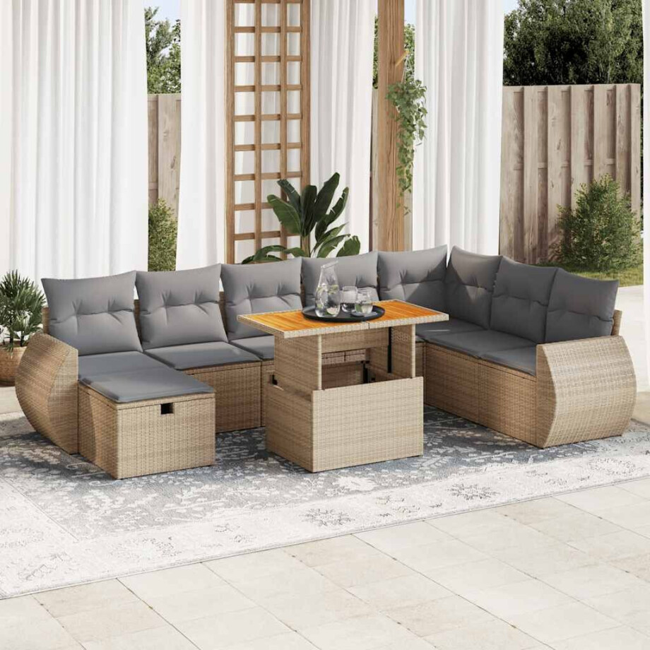 vidaXL 9-delige Loungeset met kussens poly rattan acacia beige afbeelding 1