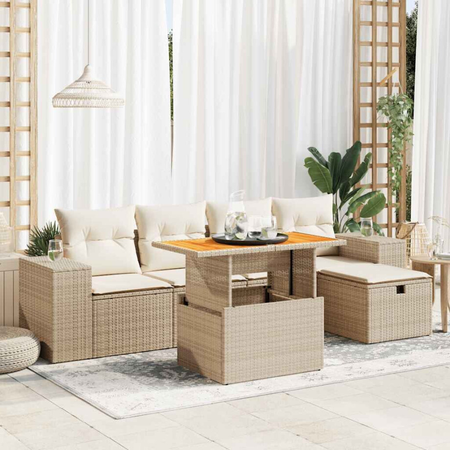 vidaXL 6-delige Loungeset met kussens poly rattan acacia beige afbeelding 1