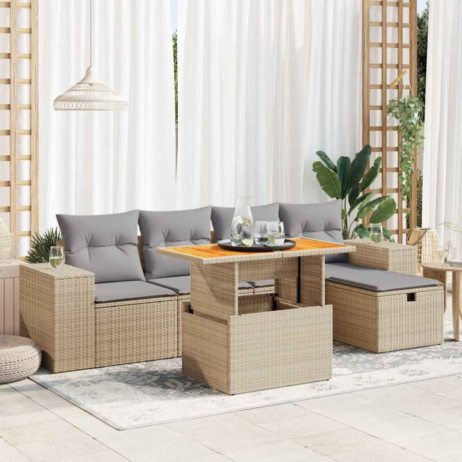 vidaXL 6-delige Loungeset met kussens poly rattan acacia beige afbeelding 1