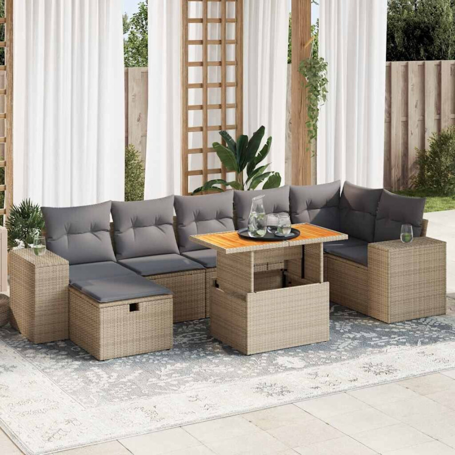 vidaXL 5-delige Loungeset met kussens poly rattan en acaciahout beige afbeelding 1