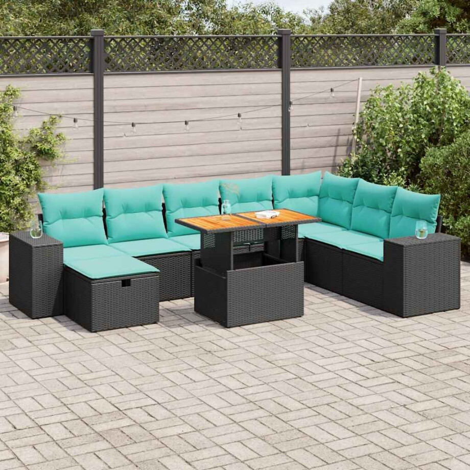 vidaXL 9-delige Loungeset met kussens poly rattan acacia zwart afbeelding 1