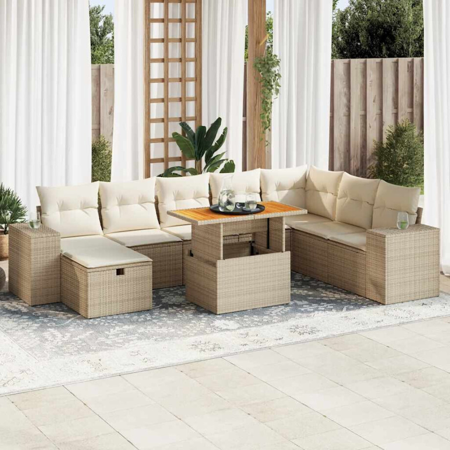 vidaXL 9-delige Loungeset met kussens poly rattan acacia beige afbeelding 1