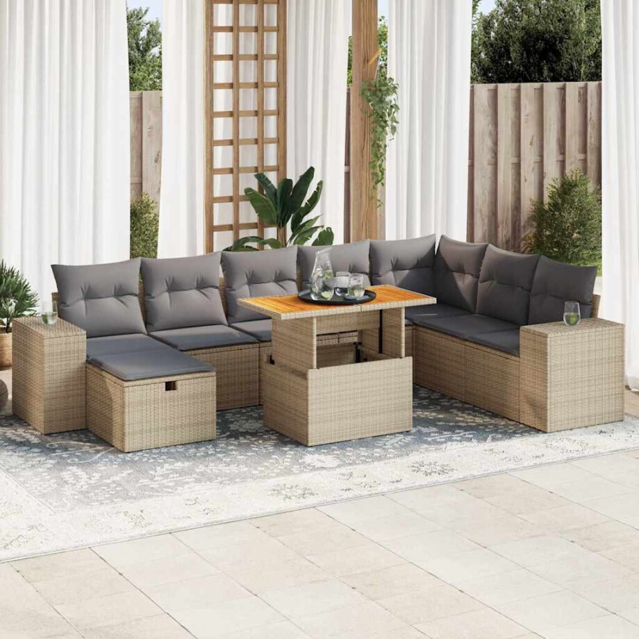 vidaXL 9-delige Loungeset met kussens poly rattan acacia beige afbeelding 1