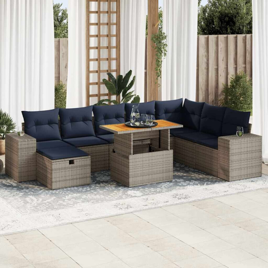 vidaXL 9-delige Loungeset met kussens poly rattan acacia grijs vidaXL 9-delige Loungeset met kussens poly rattan acacia grijs afbeelding 1
