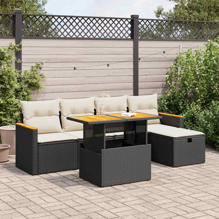 vidaXL 6-delige Loungeset met kussens poly rattan zwart afbeelding 1