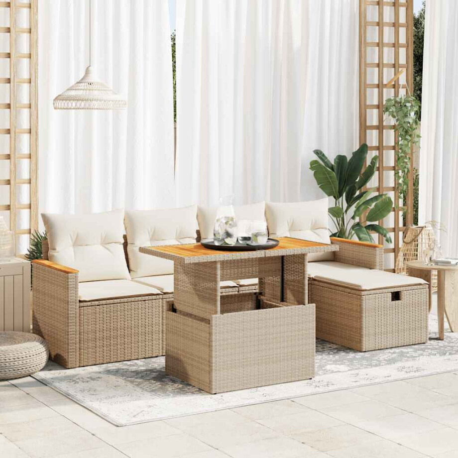 vidaXL 6-delige Loungeset met kussens poly rattan beige afbeelding 1