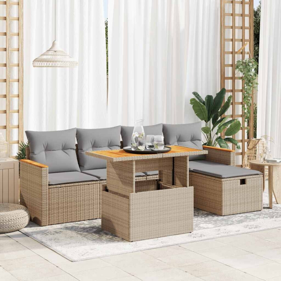 vidaXL 6-delige Loungeset met kussens poly rattan beige afbeelding 1