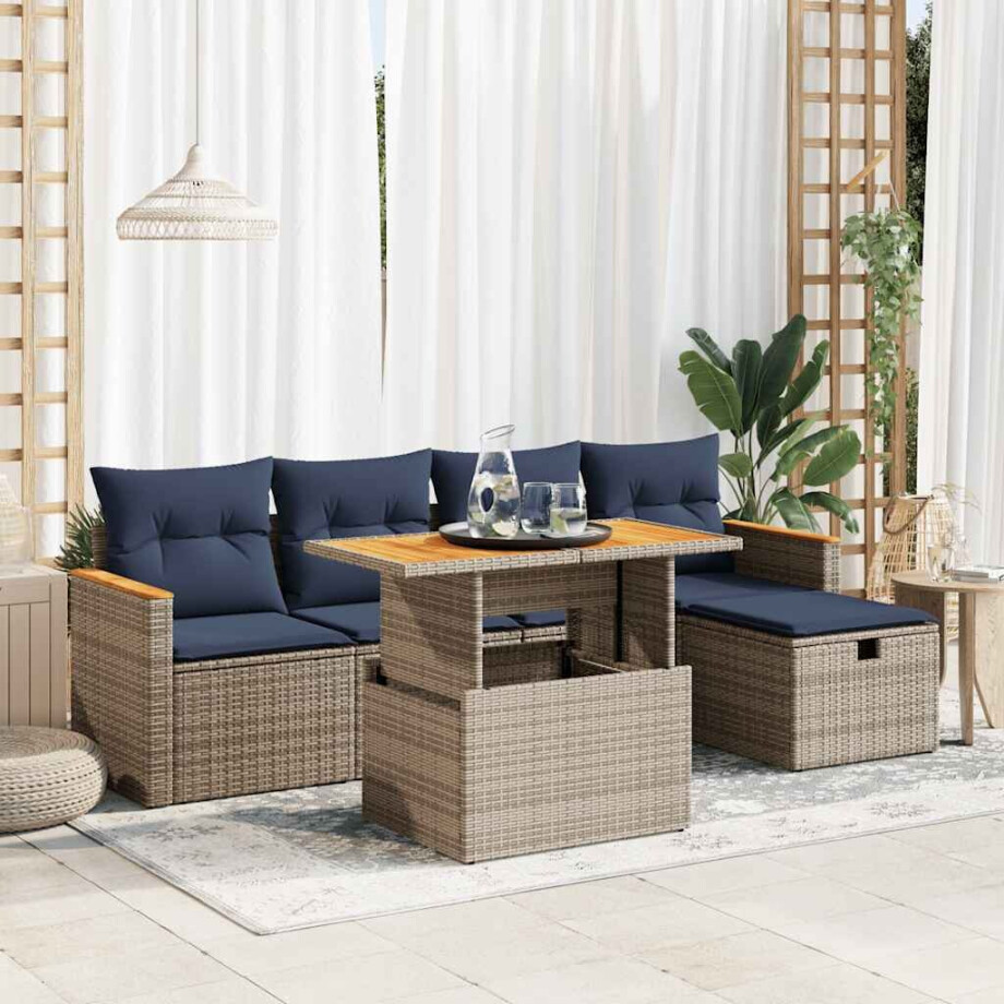 vidaXL 6-delige Loungeset met kussens poly rattan acacia grijs vidaXL 6-delige Loungeset met kussens poly rattan acacia grijs afbeelding 1