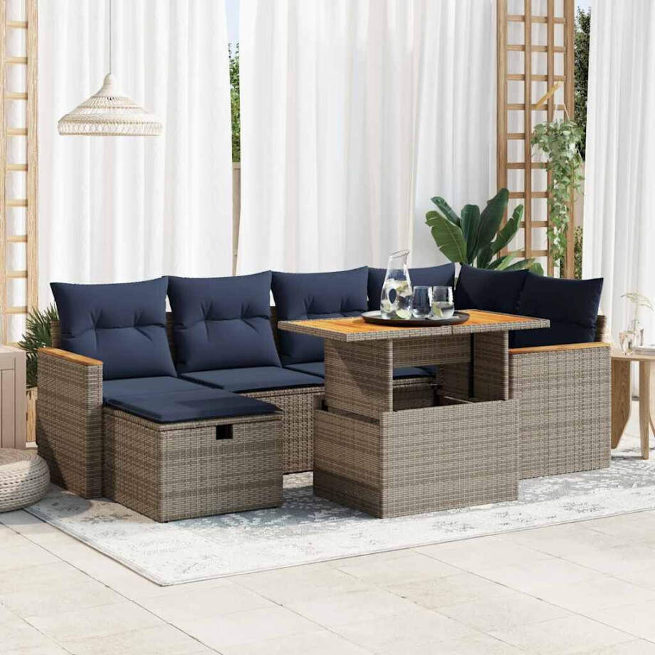 vidaXL 7-delige Loungeset met kussens poly rattan acacia grijs afbeelding 1