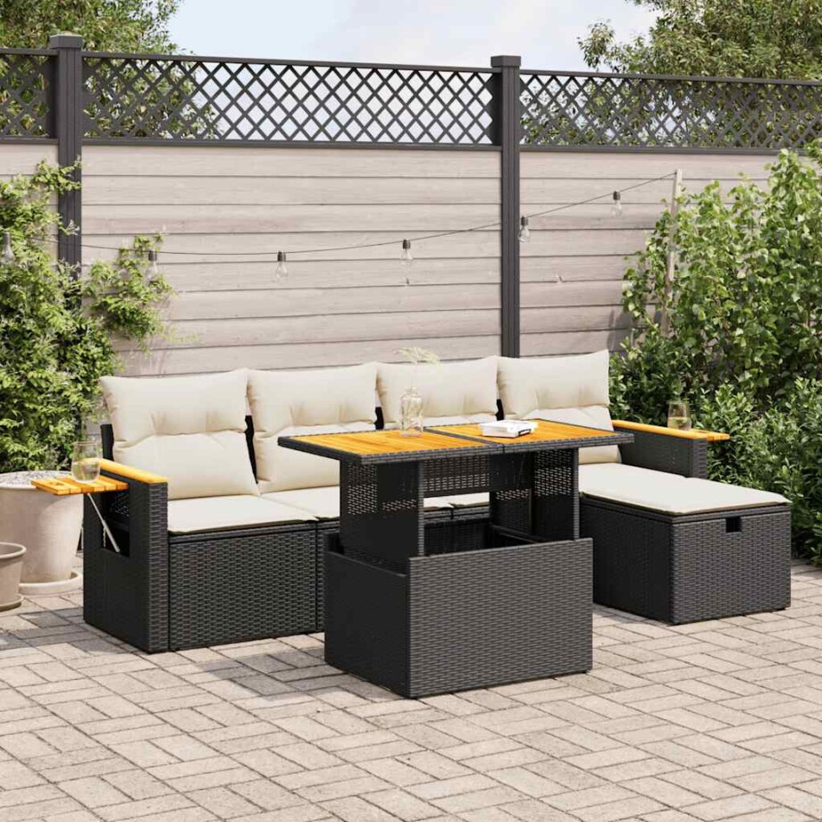 vidaXL 6-delige Loungeset met kussens poly rattan zwart afbeelding 1