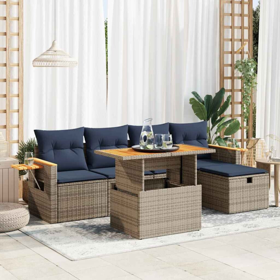 vidaXL 6-delige Loungeset met kussens poly rattan acacia grijs afbeelding 1