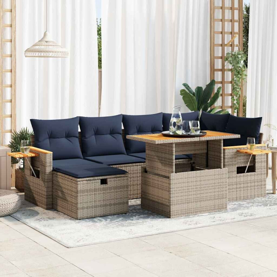 vidaXL 7-delige Loungeset met kussens poly rattan acacia grijs afbeelding 1