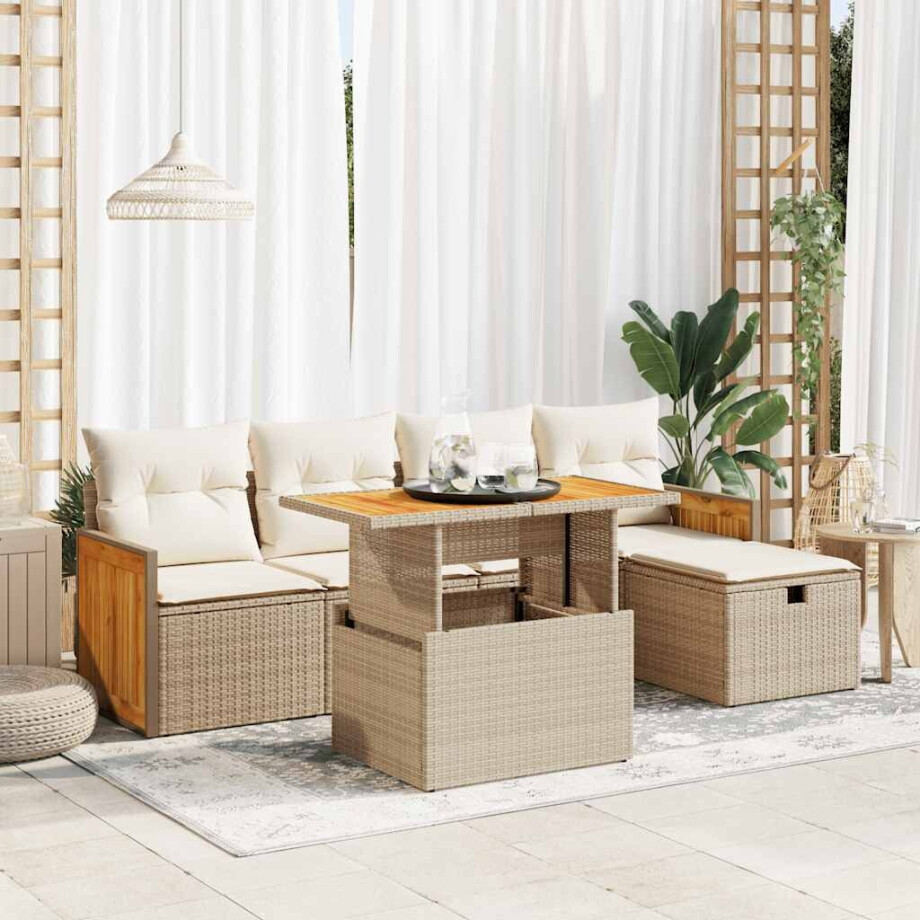 vidaXL 6-delige Loungeset met kussens poly rattan beige afbeelding 1
